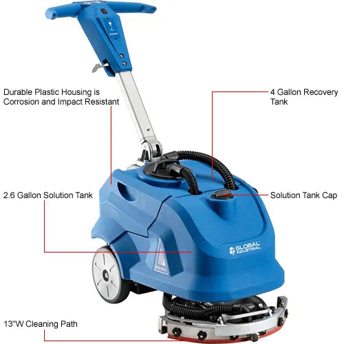 Global Industrial™ Electric Walk-Behind Corded Auto Floor Scrubber, 13" Cleaning Path